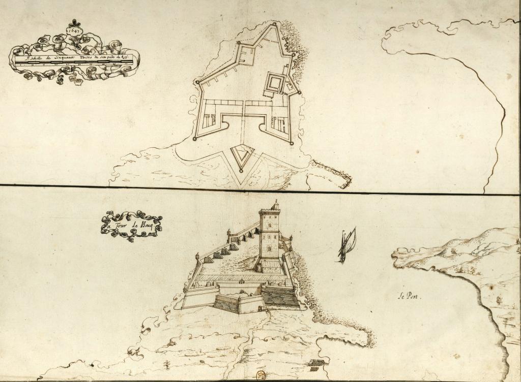 [Plan et vue cavalière du fort de la Tour de Bouc],1647.