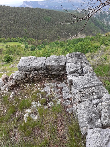 Aire à battre. Angle sud-est, détail du parapet et du pavage. 