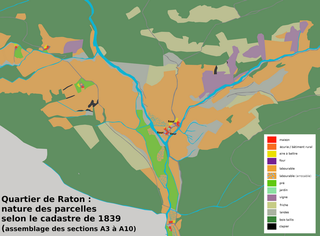 Raton. Natures des parcelles en 1839, reportées sur le cadastre de 1839 (sections A3 à A10). Echelle d'origine 1/2 000e.