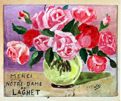 ex-voto, tableau : Bouquet de roses rouges dans un vase vert