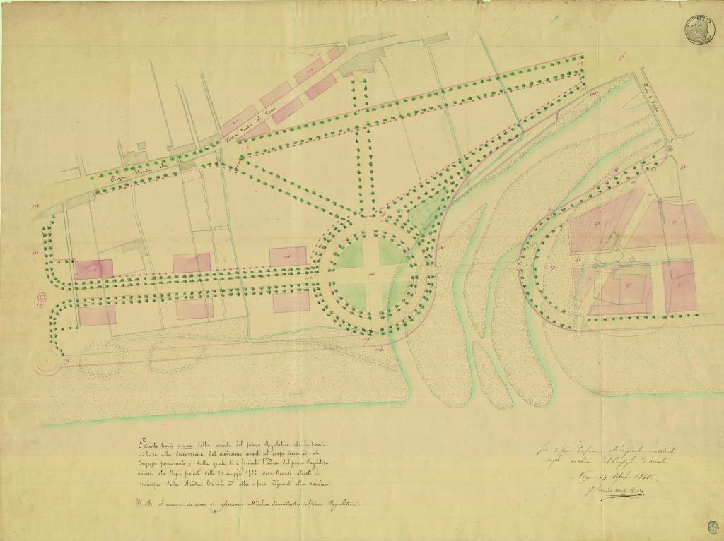 [Nice, extrait du plan régulateur, secteur de l'embouchure du Paillon], 1845. Ce plan est une copie d’un plan de travail de 1832 concernant le secteur de la Croix-de-Marbre. Il n’a pas été réalisé avec cette ampleur. 