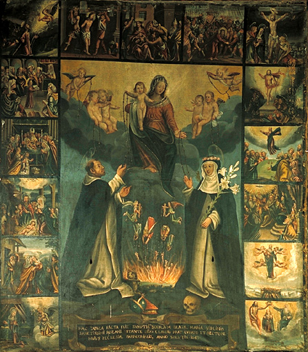 tableau : La Vierge et l'Enfant remettant le rosaire à saint Dominique et sainte Catherine de Sienne, les scènes du rosaire, les scènes du rosaire