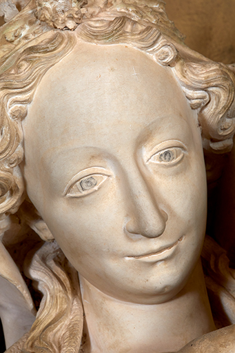 Vue rapprochée du visage de la Vierge.