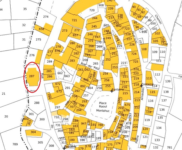 Plan de masse et de situation d'après le cadastre de Rosans, 2021 (section F1, parcelle 287). Echelle 1/1000.