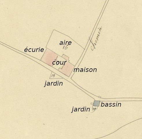 Nature des parcelles en 1839, d'après le le cadastre de 1839 (section E12). Echelle d'origine 1/2 000e.