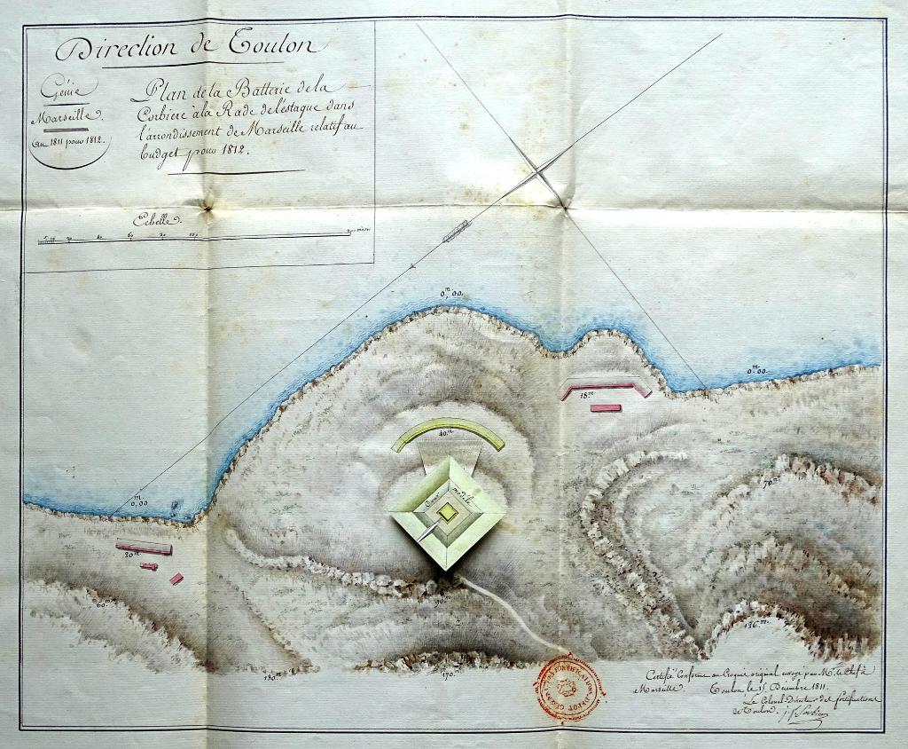 Plan de la batterie de la Corbière à la rade de l'Estaque ... relatif au budget pour 1812, 1811.