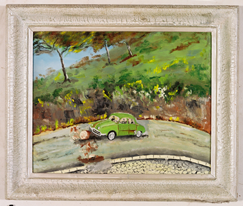 ex-voto, tableau : Chute de pierre devant une voiture automobile verte