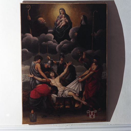 tableau d'autel : Le Martyre de saint Laurent, la Vierge à l'Enfant, saint Antoine abbé et sainte Thérèse d'Avila