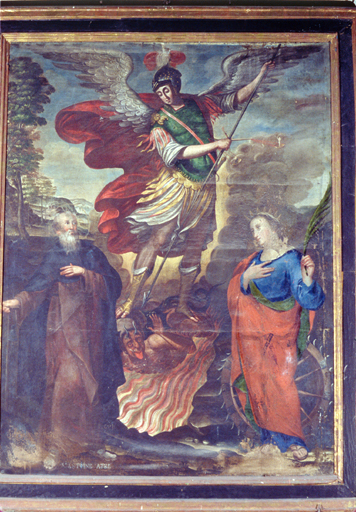 tableau : Saint Michel, saint Antoine abbé et sainte Catherine d'Alexandrie