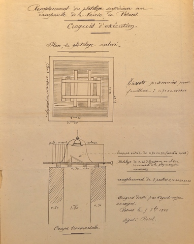 Croquis d'exécution pour le remplacement du platelage du campanile de la mairie, 1922.