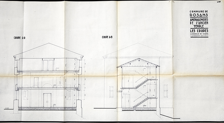 Aménagements de l'ancien temple de Rosans. Coupes (1985).