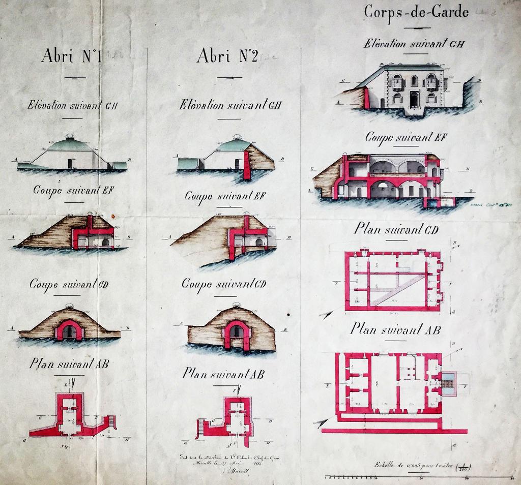 Batterie de la Corbière [planche de plans et coupes], 1886. Détail des bâtiments.