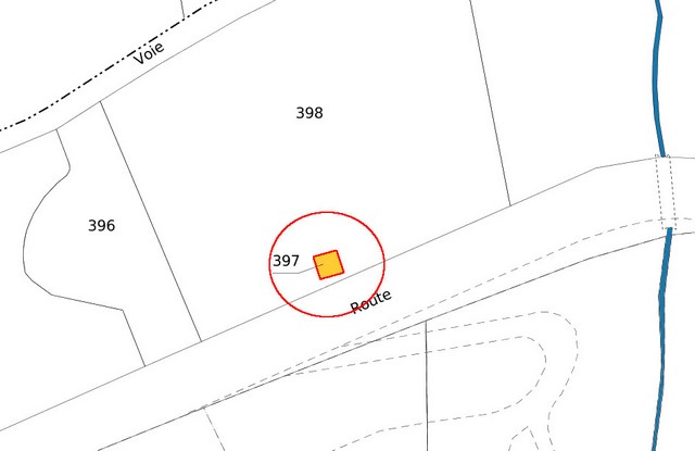 Plan de masse d'après le cadastre de 2021, section 000F. Echelle d'origine 1/500e.