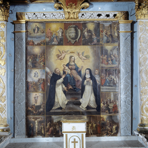 tableau : remise du Rosaire à Saint Dominique de Guzman et sainte Catherine de Sienne en présence de saint Claude et de saint Louis roi de France