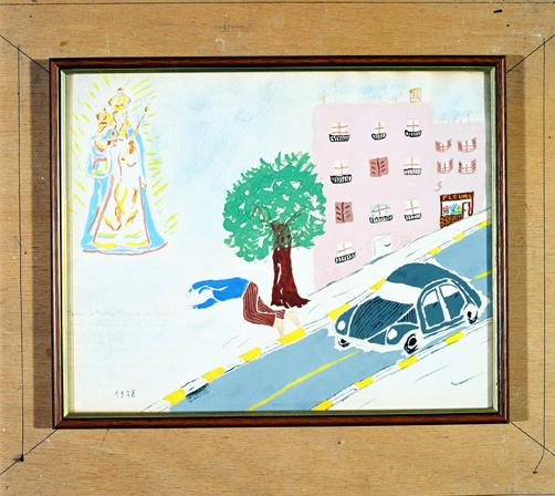 ex-voto, tableau : Piéton renversé par une voiture automobile (2CV)