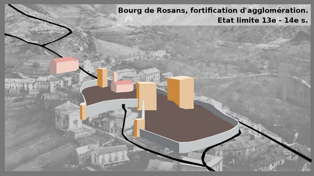 Proposition de restitution de l'enceinte fortifiée à la fin du 13e siècle, avec la Tour du Four située à l'angle rentrant de la fortification.