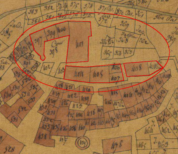 Plan de masse et de situation d'après le plan cadastral de 1823, section E2. Echelle d'origine 1/1250e.