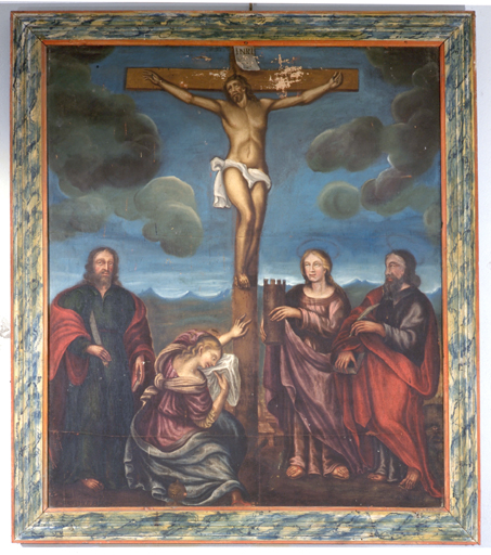 tableau : Christ en croix entre saint Barthélemy, sainte Marie-Madeleine, sainte Barbe et saint Marc