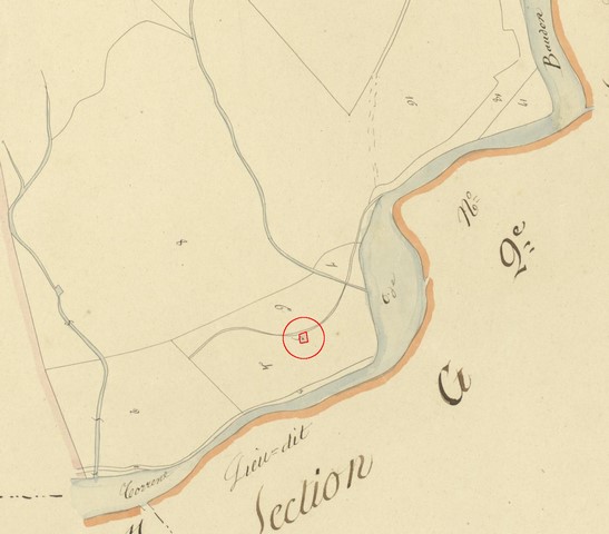 Plan de masse et de situation d'après le plan cadastral de 1839, section G12. Echelle d'origine 1/2000e.