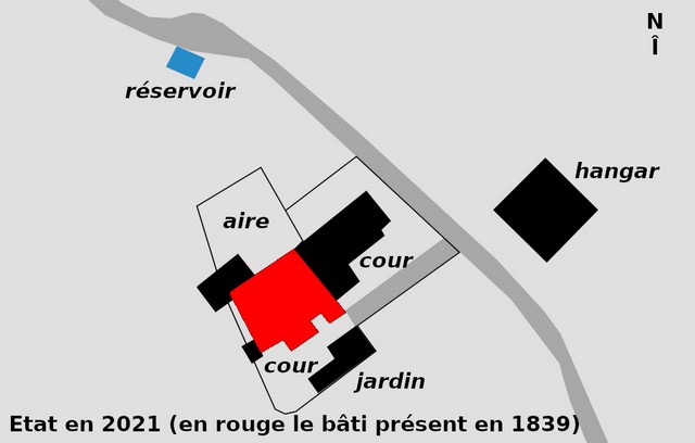 Emprise du bâti d'après le plan cadastral de 2021, en rouge le bâti existant en 1839.