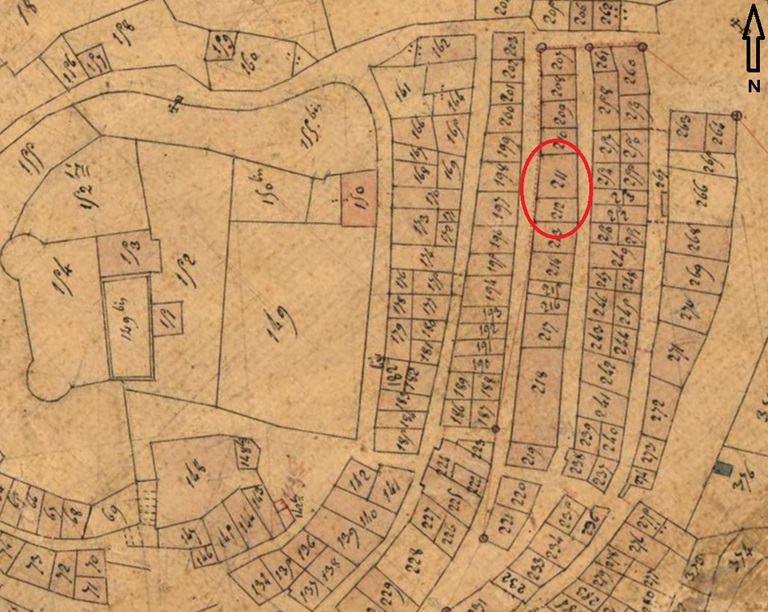 Plan de masse et de situation d'après le cadastre de 1833 (section B, parcelles 211 et 212). 
