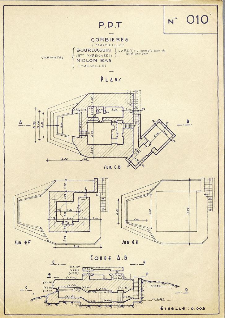 [Plans et coupes des postes de direction de tir (Regelbau 262a) des batteries de Corbière et de Niolon-Bas], 1946.
