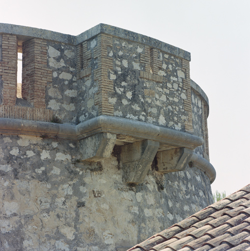 Détail de la bretèche crénelée de la tour, du parapet et du cordon.