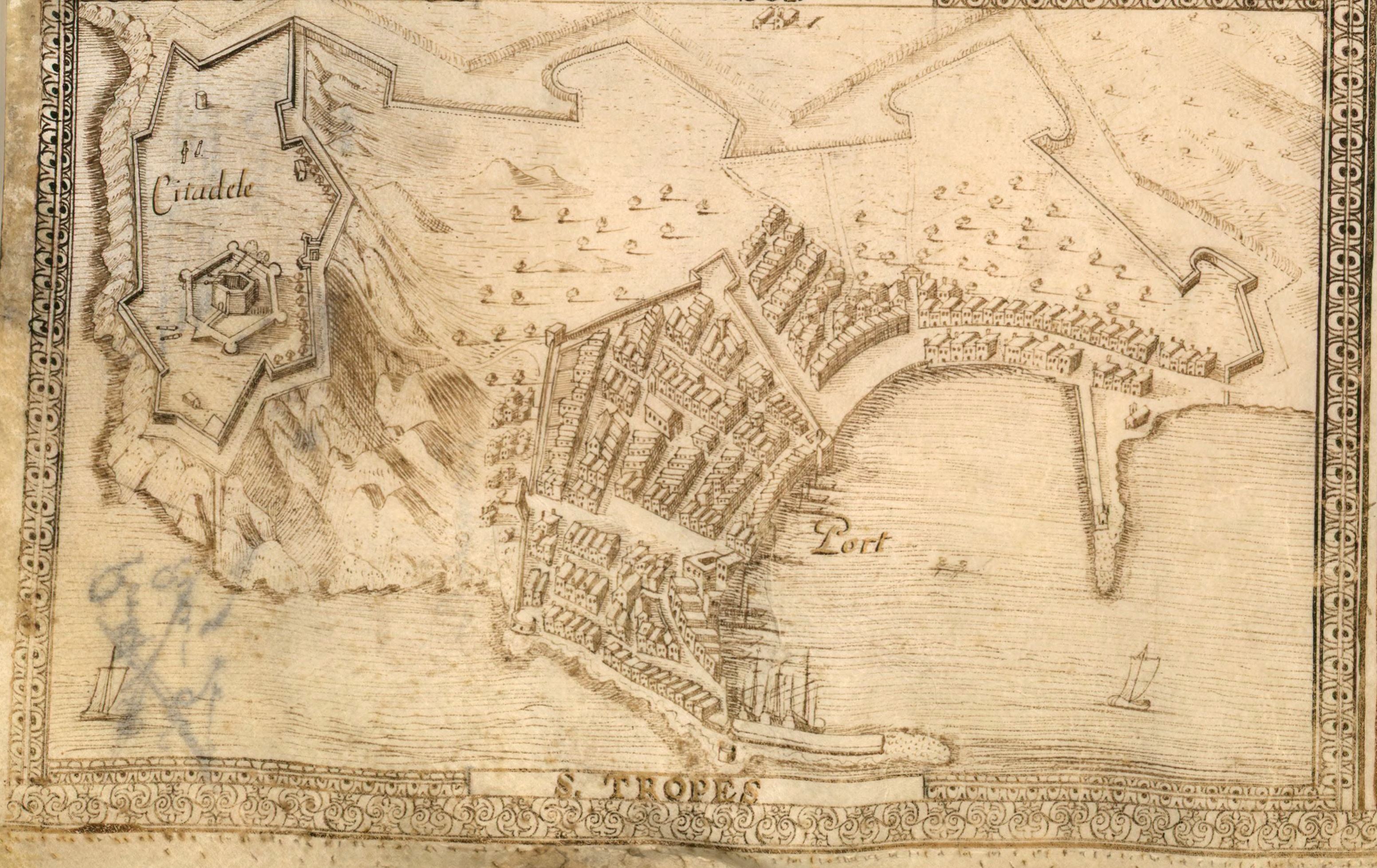 Vues perspectives de La Seine, Tollon, Hieres, breganson, Saint-Tropes, Freiuls, Saint-Rapheau, Canes, Saint-Honoré, Antibo 1631. Détail : Saint-Tropez.