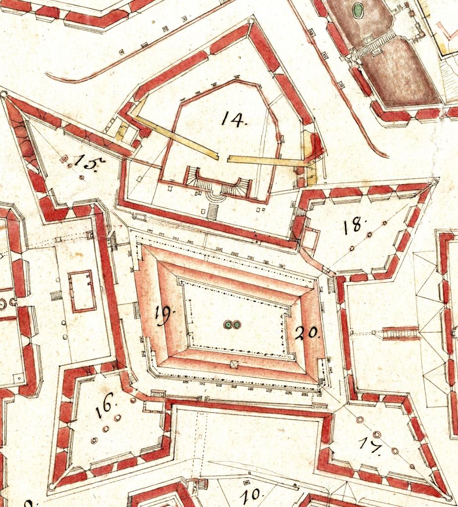  Plan de la citadelle de St Nicolas pour servir à son projet, 1701.  Détail donjon, toits.