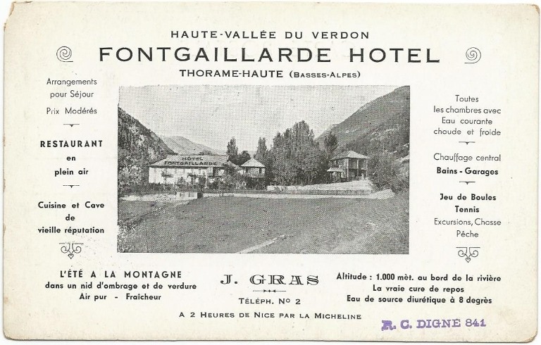 HAUTE-VALLEE DU VERDON / FONTGAILLARDE HOTEL : THORAME-HAUTE (BASSES-ALPES) [Carte postale promotionnelle déclinant les multiples services et activités proposés par l'hôtel]