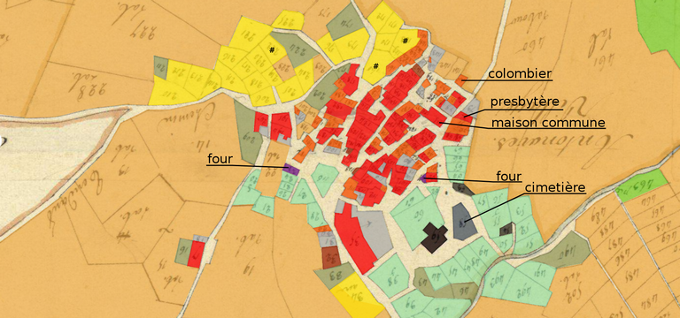 Extrait du cadastre de 1827 surchargé selon la nature des parcelles. Rouge = maison, orange = bâtiment agricole, marron = "chazal", jaune = aire, gris = cour, vert clair = jardin, vert foncé = pâture, beige = labour, # = multipropriété.