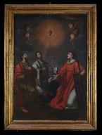 Tableau, cadre : Adoration du Sacré-Cœur par saint Laurent, saint Ignace et saint Jacques (?)