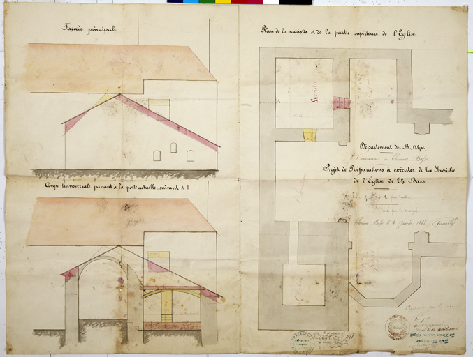 Plan et coupe de la sacristie, projet de réparations, 1888.