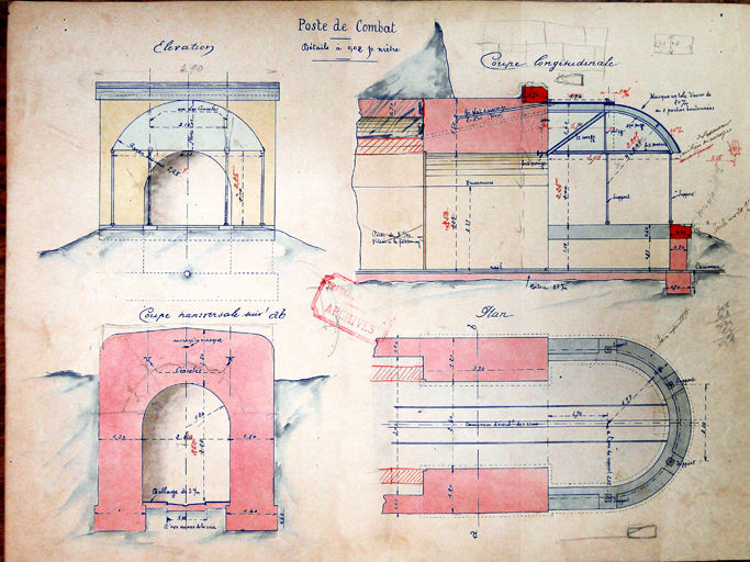 Poste de combat. Elévation, coupe longitudinale, coupe transversale, plan. [Plan de détail du projet de l'abri de combat du poste photo-électrique du Cap Sicié]. vers 1899.