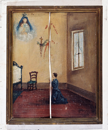 ex-voto, tableau : Prière d'une femme dans une chambre avec crucifix et rameaux