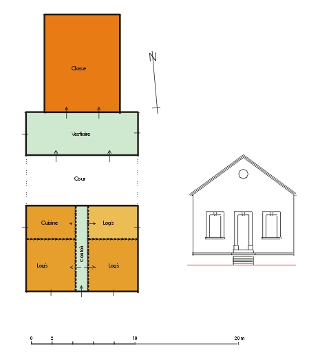 Plan d'ensemble et élévation anterieure de l'école du Brayal-Rouvier.