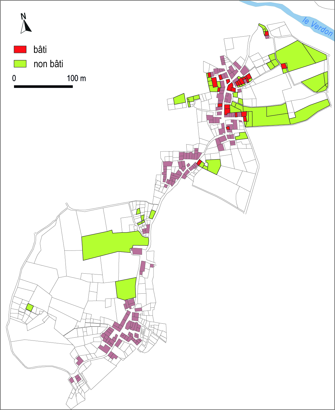 Carte 1. Villars-Colmars : implantation des propriétés de la famille Roux, d'après le cadastre de 1827.