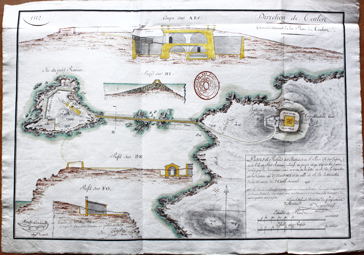 Plan et profils des batteries de St Pierre (Ile des Embiez) et de l'île du Petit Raveau [...],1812.