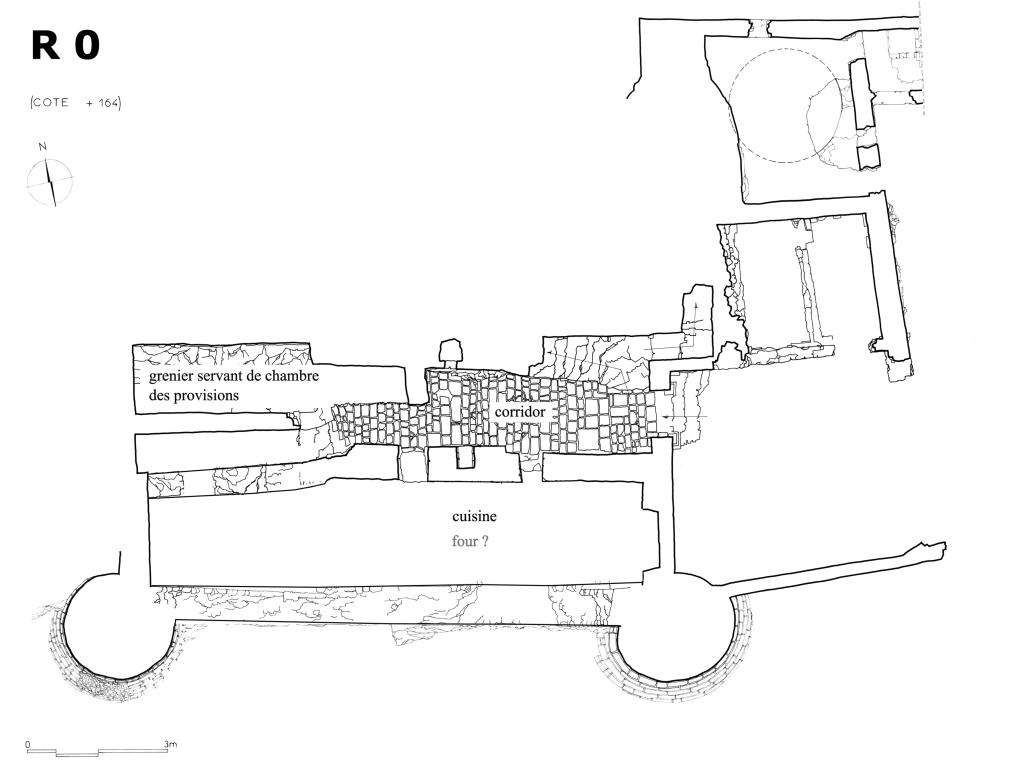 Restitution de la distribution du château en 1792 à partir de l'inventaire du mobilier de César de Pontevès, R0, sur fond de relevé 1968. 