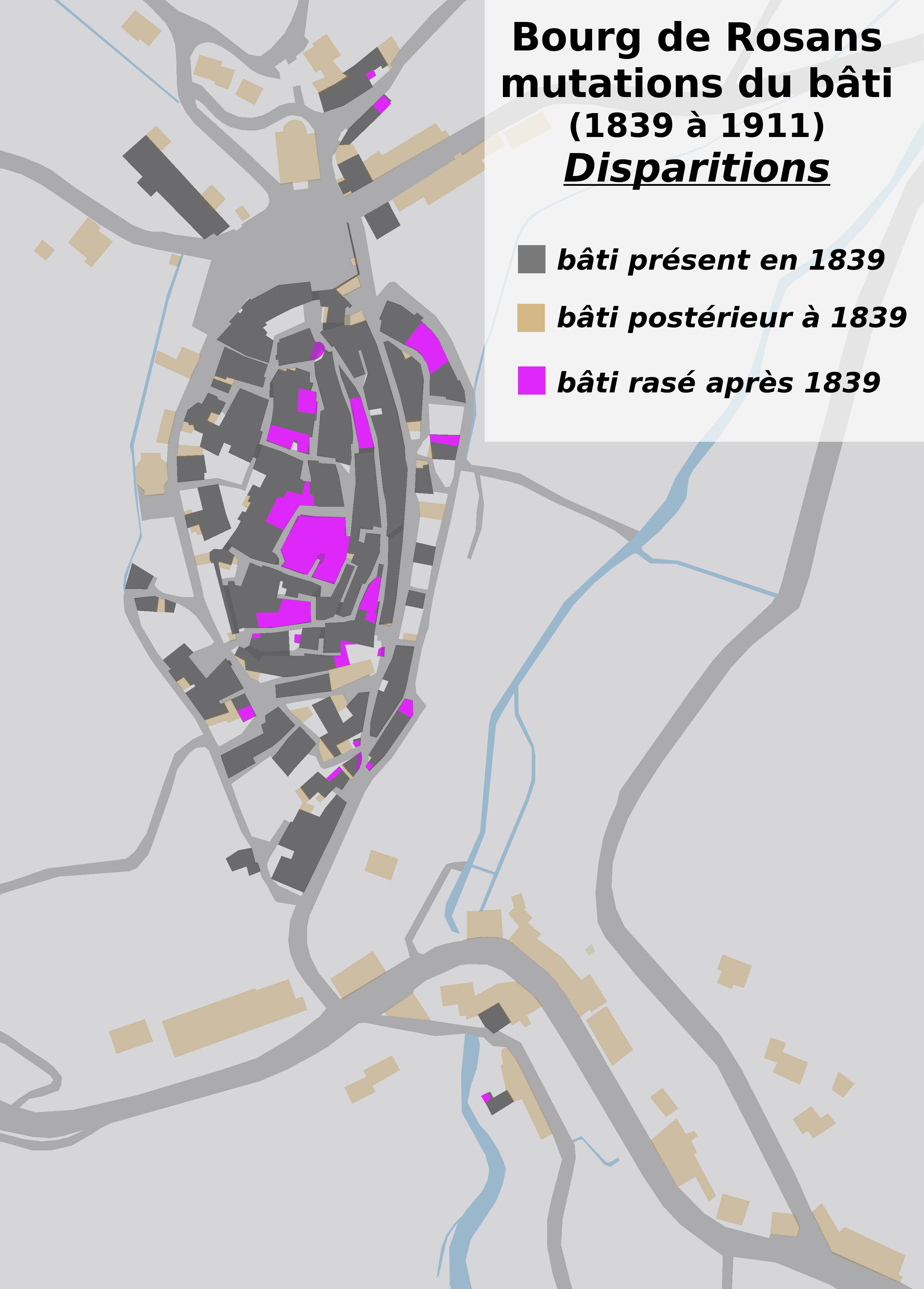 Extensions et destructions du bâti entre 1839 et 2019.