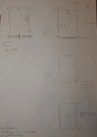 Plans schématiques du bâtiment. En haut, de gauche à droite : premier étage de soubassement, rez-de-chaussée surélevé. Au milieu : étage. En bas : toit.