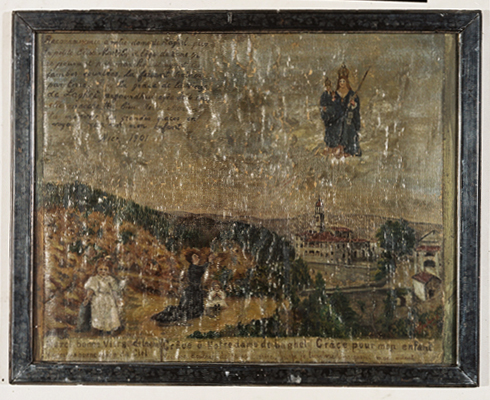 ex-voto, tableau : Prière d'une femme devant le sanctuaire de Notre-Dame de Laghet, Elise Mortel