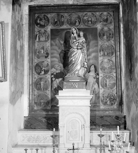 tableau : La Vierge et l'Enfant remettant le rosaire à saint Dominique et sainte Catherine de Sienne, les scènes du rosaire