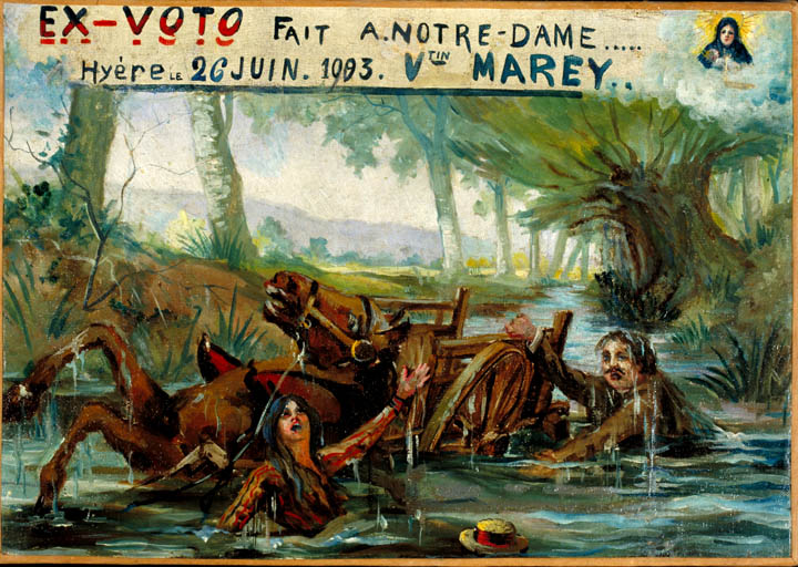 tableau, ex-voto : Charrette dans une rivière