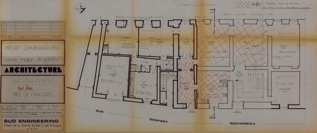 Projet d'aménagement d'une maison, maître de l'ouvrage Mr et Mme Juge, rez-de-chaussée, [annoté par l'architecte], 1978. 