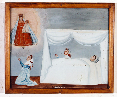 ex-voto, tableau : Demande de guérison d'une femme, couchée dans un lit