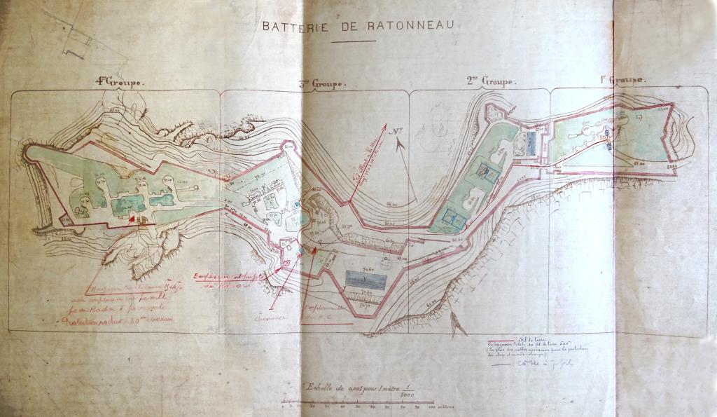 [Plan d'état des lieux des 4 groupes de batteries du fort de Ratonneau fixés en 1890], c. 1920.