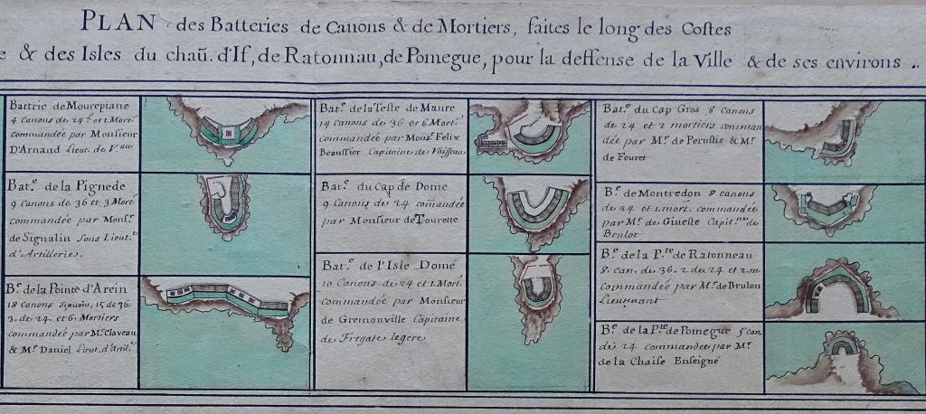 Plan des batteries de canons & de mortiers faites le long des costes de Marseille & des Isles [...] pour la deffense de la Ville & de ses environs, 1695.