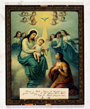 ex-voto, tableau : Remise du scapulaire à une jeune femme en prière