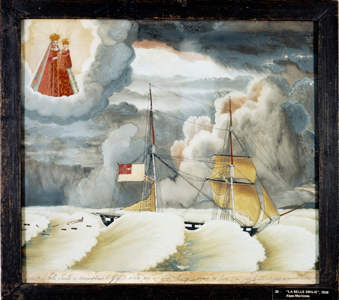ex-voto, tableau : Bateau dans la tempête, la goélette La Belle Emilie